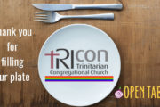 Wooden background with white plate in the middle that has TricCon's logo on it. On the left in white it reads "Thank you for filling our plate" and the Open Table logo is on the bottom right