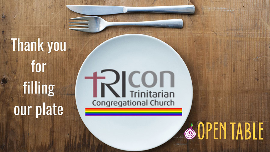 Wooden background with white plate in the middle that has TricCon's logo on it. On the left in white it reads "Thank you for filling our plate" and the Open Table logo is on the bottom right