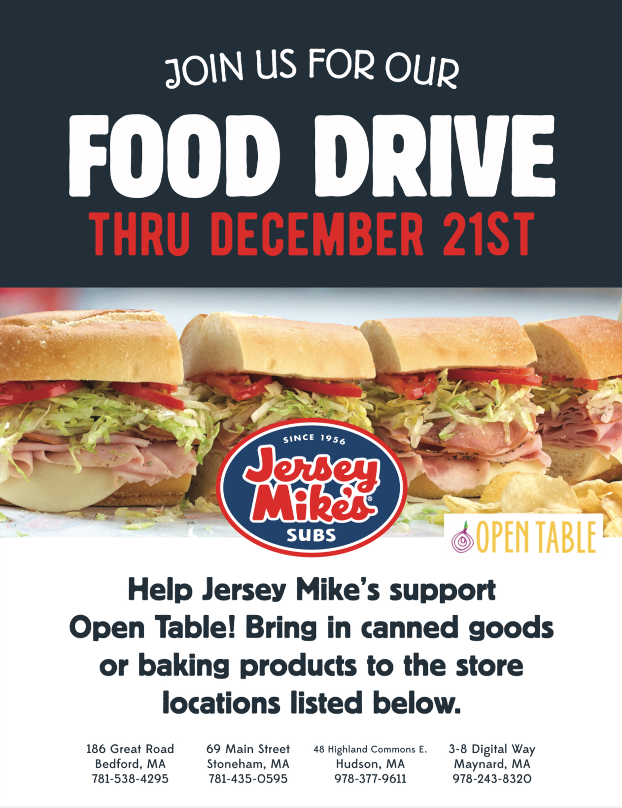 Jersey Mike's Food Drive for Open Table flyer