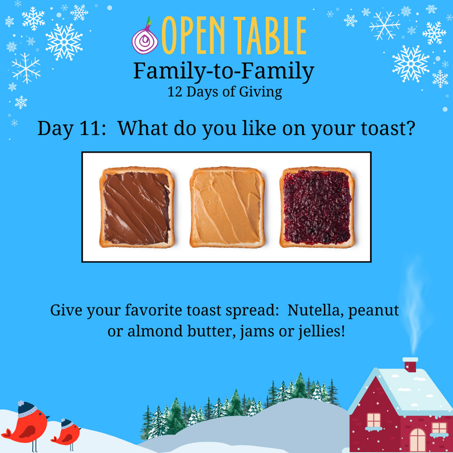 Open Table Family to Family 2023 Day 11: Toast Spread