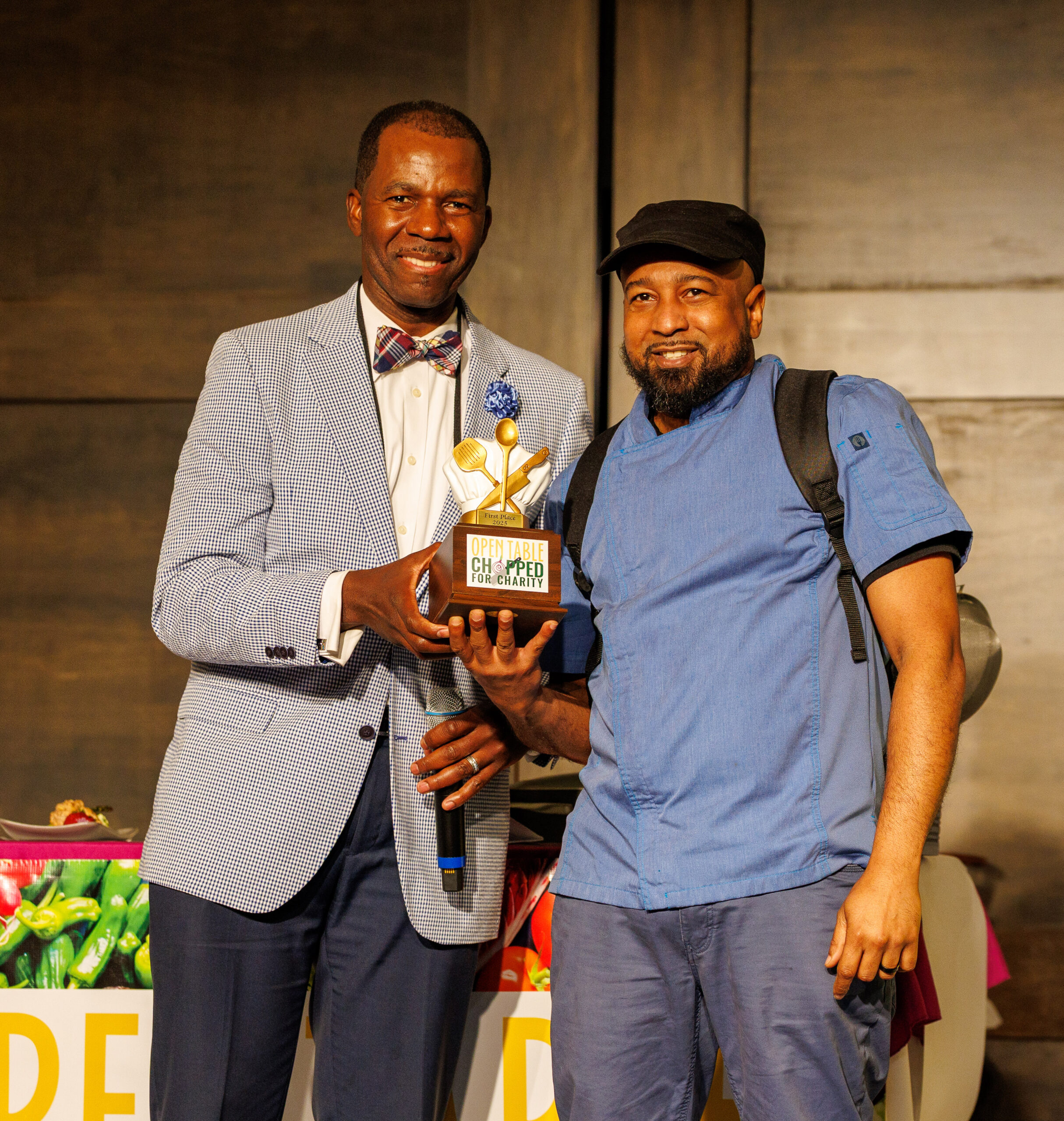 Judge Chef Lucmann Pierre congratulates winner Chef Jason Gentles