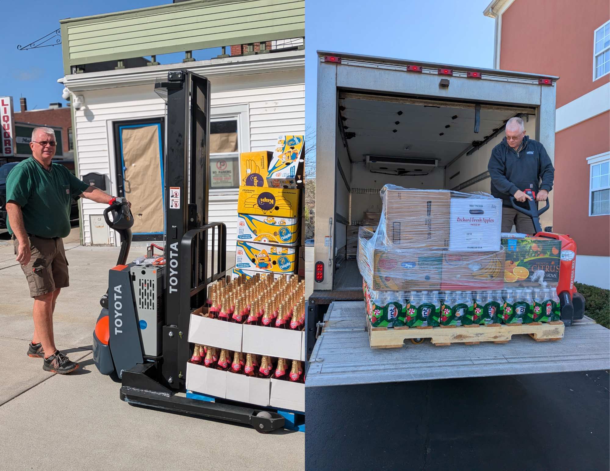 Jeff Geraghty working a pallet jack out front on our site and then on the back of the truck - side by side images