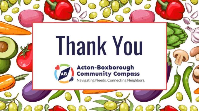 Colorful produce graphic background with white rectangle in the center which reads "Thank You" and the Acton-Boxborough Community Compass logo below