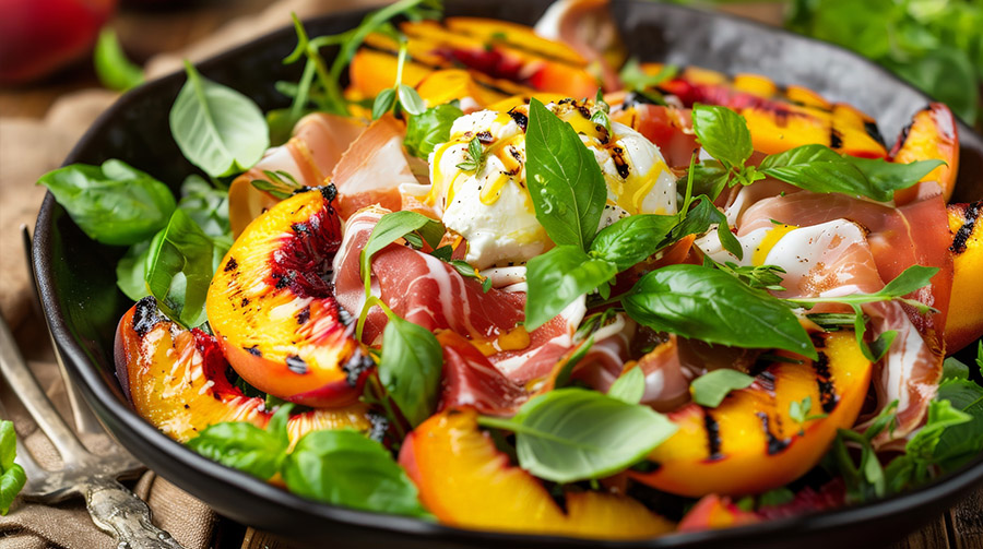 Grilled peach and burrata salad