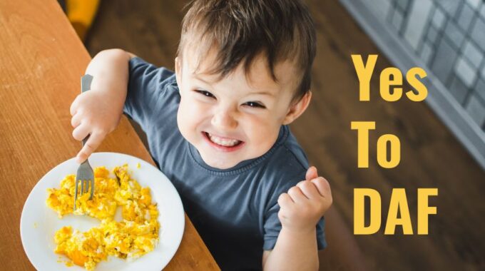 DAFDay - excited little boy eating eggs with Yes to DAF text