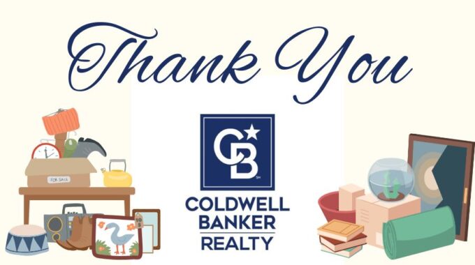 Two piles of flea market wares in the bottom corners with "Thank you" and the Coldwell Banker logo in blue