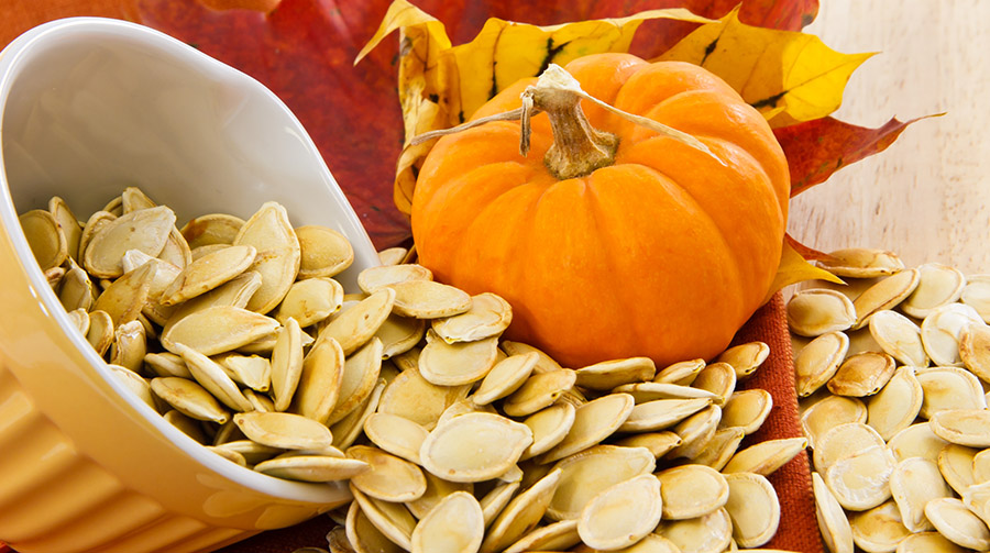 pumpkin seeds and small sugar pumpkin