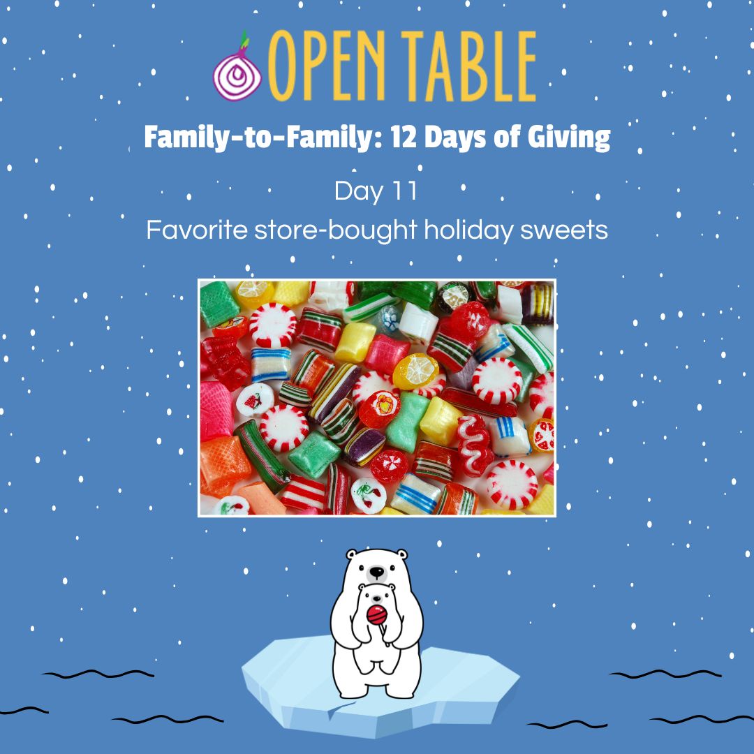 Blue square image with snow background and picture of colorful candies in the middle and a graphic of a polar bear at the bottom
