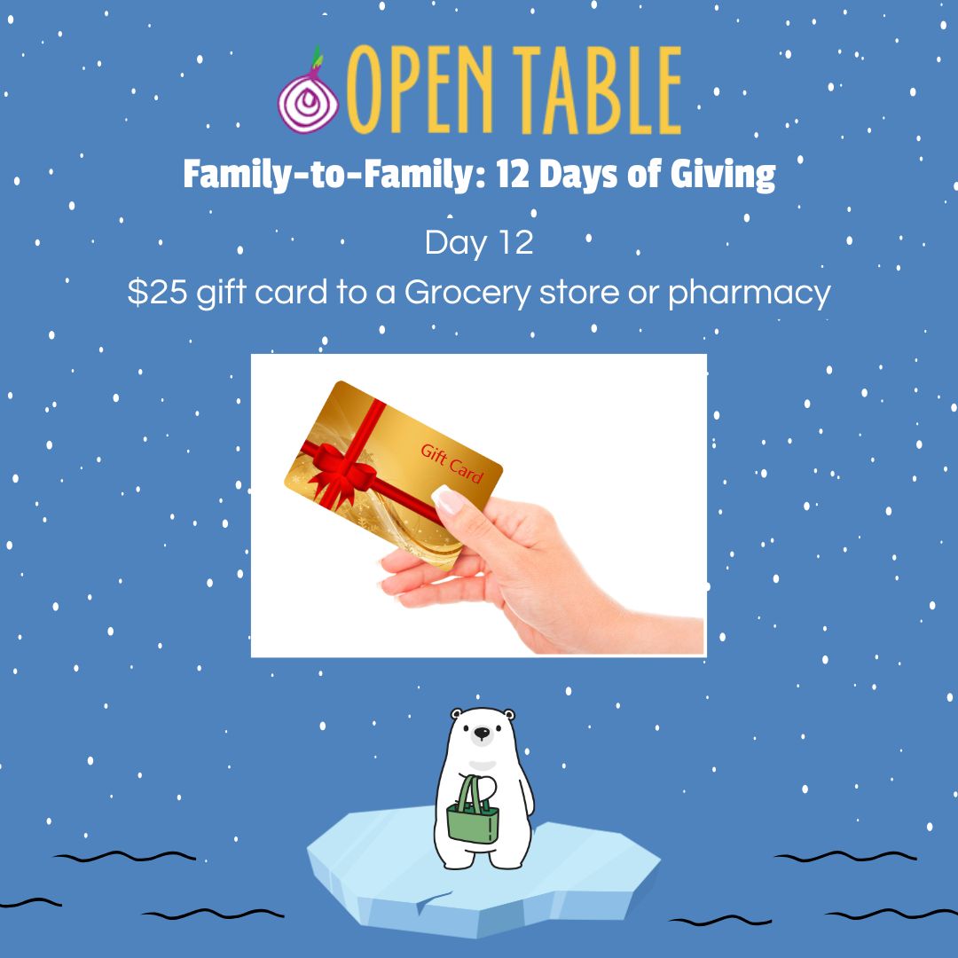 Blue square image with snowy background and picture of a hand holding a gift card in the center with a polar bear graphic at the bottom