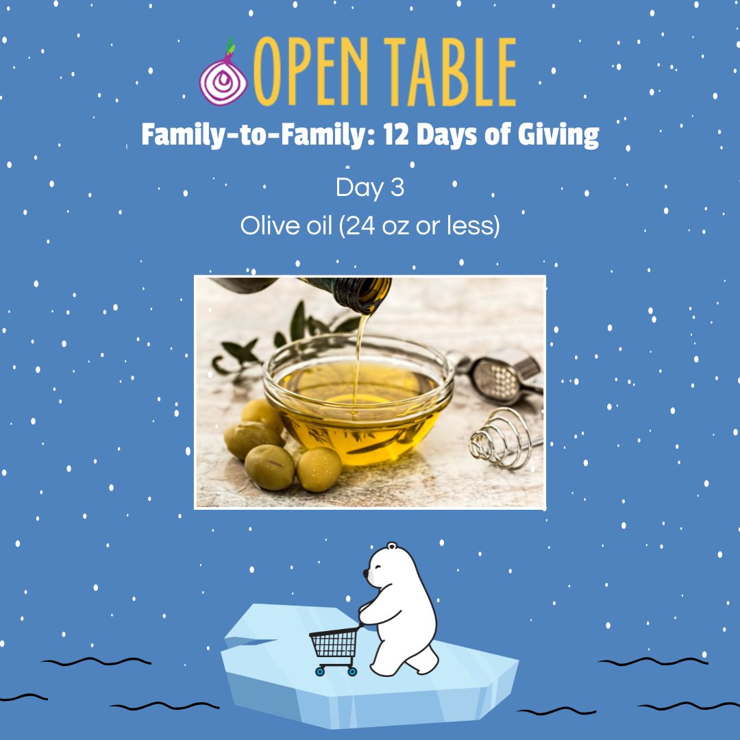 Square blue image with snow background, polar bear graphic at bottom and picture of bowl of olive oil in the middle