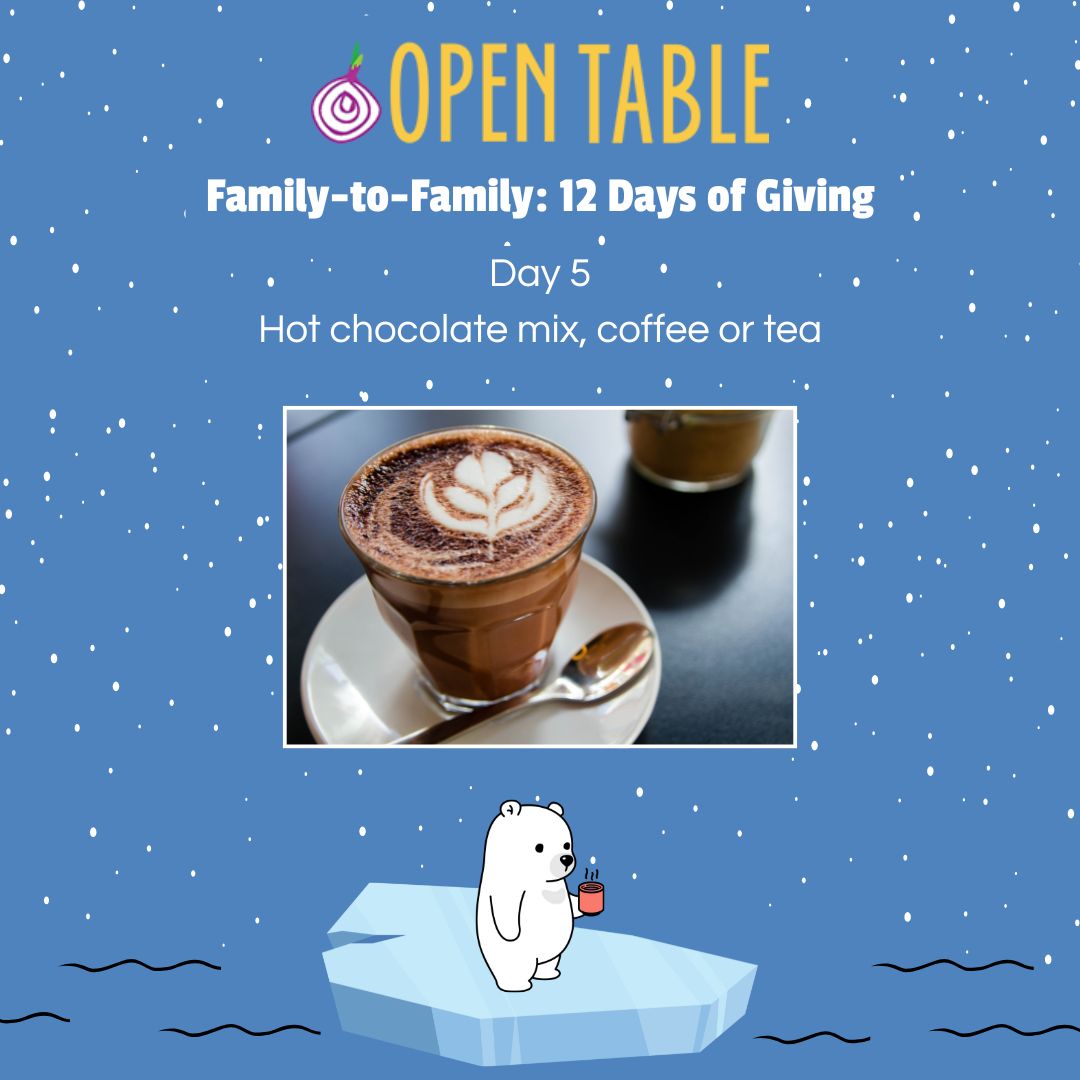 Blue square image with snow background, a picture of hot chocolate in the middle and a polar bear drinking from a mug at the bottom