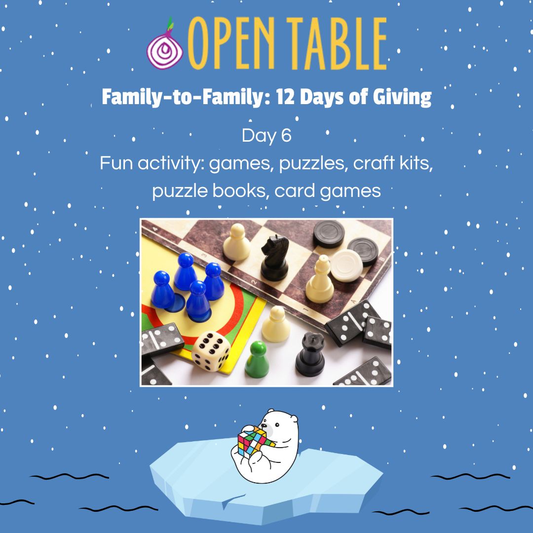 Blue square with snow background and a picture of some game pieces in the center with a graphic of a polar bear at the bottom