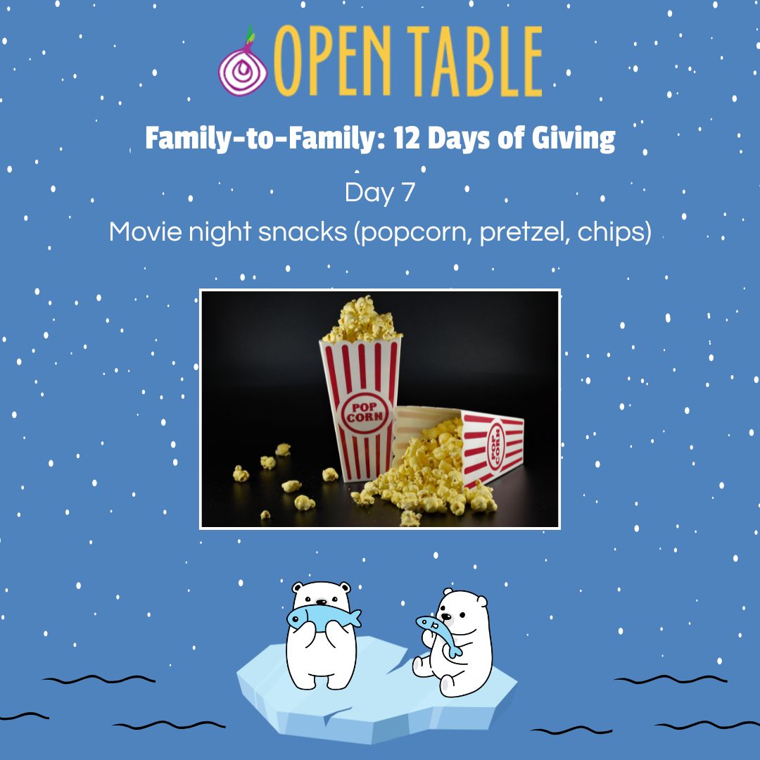 Square blue image with snowy background and picture of popcorn in white and red striped boxes in the middle with a graphic of two polar bears on an iceberg below