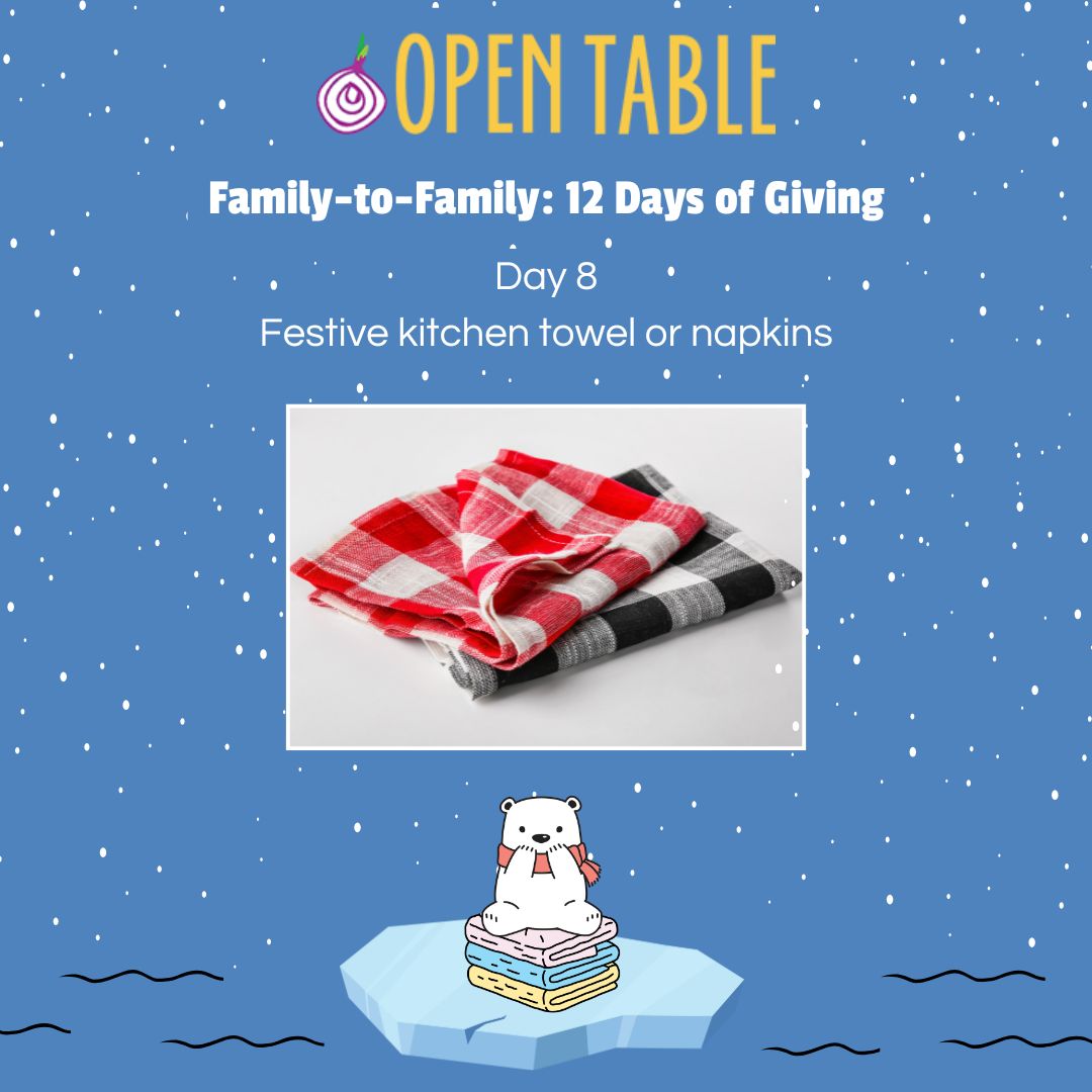 Blue Square image with snow background and a picture of checkered kitchen towels in the center and a graphic of a polar bear below