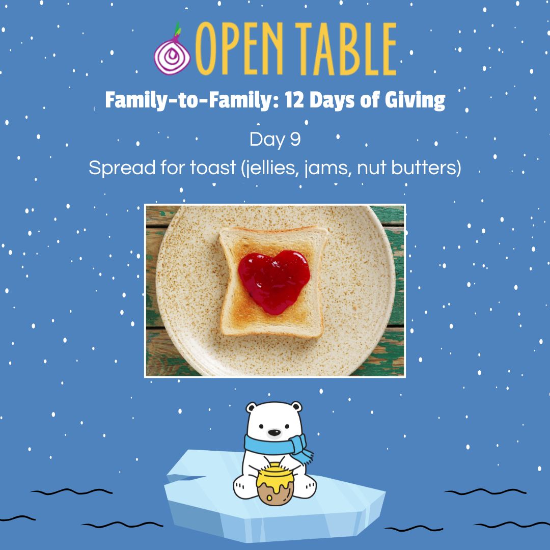 Blue square image with snow background and a picture of red jam in heart shape on white toast in the middle, with a polar bear graphic at the bottom