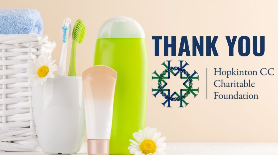Various toiletries on the left with Thank You in dark blue and then the Hopkinton Country Club Charitable Foundation logo on the right