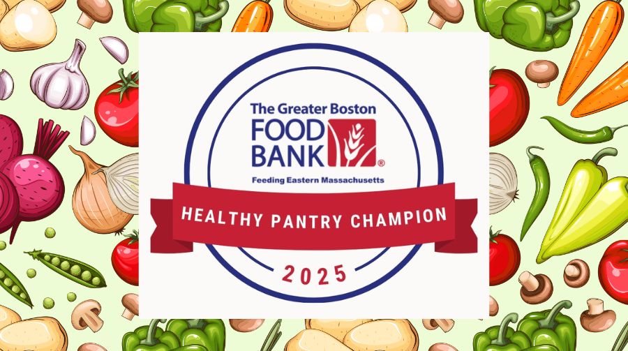 Graphic produce background with the Greater Boston Food Bank Health Pantry Champion logo in the middle