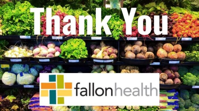 Picture of produce in a grocery store with the words "Thank You" in white at the top and the Fallon Health logo below